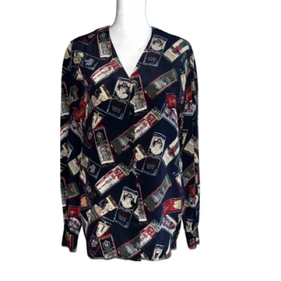 Vintage Liz Claiborne 100% Silk Novelty Bookmark Print Button Down Blouse Size 4 - Picture 1 of 8